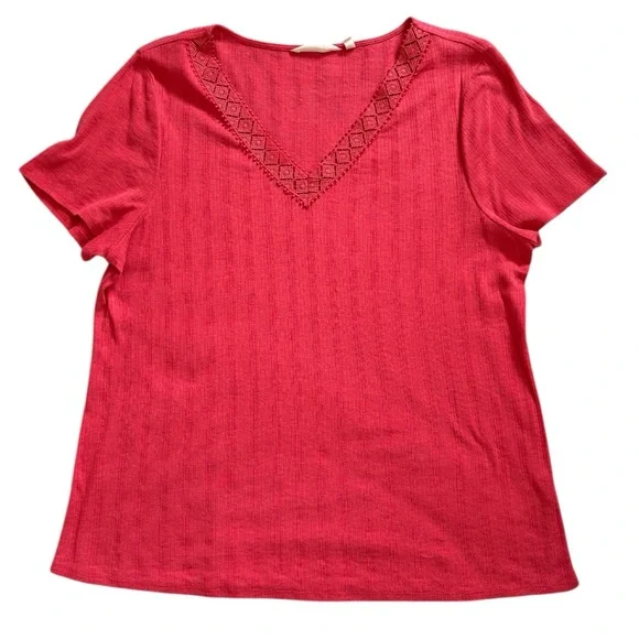 Soft Surroundings Lace Trim V-Neck Top Red Orange Short Sleeve Size L - Picture 3 of 6